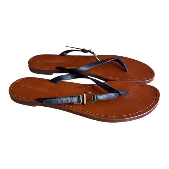 Ralph‎ Lauren Collection Black Leather Horsebit Accent Thong Sandals Retail $495